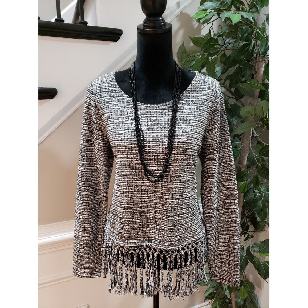 Cato Women's Black & White Polyester Round Neck Long Sleeve Top Blouse Medium